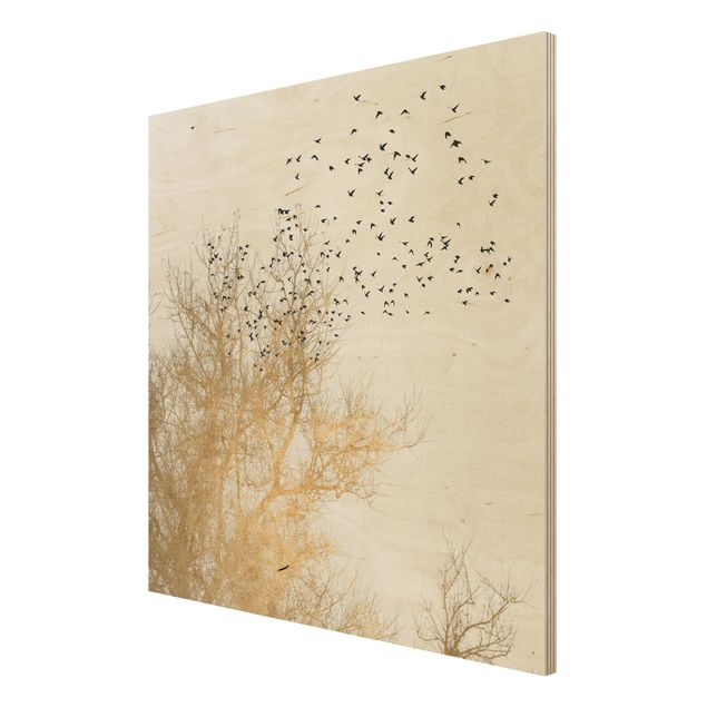Print on wood - Flock Of Birds In Front Of Golden Tree