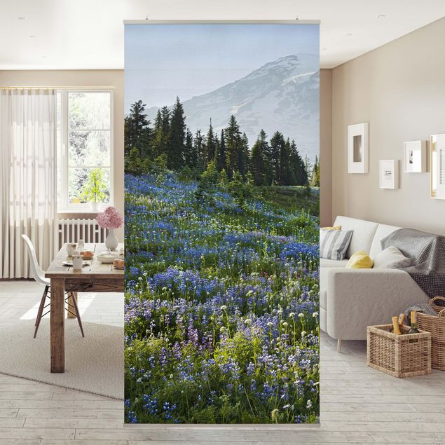 Sliding panel curtain - Mountain Meadow With Blue Flowers in Front of Mt. Rainier