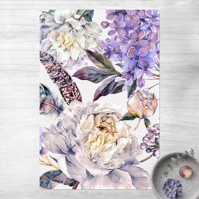Balcony rugs Delicate Watercolour Boho Flowers And Feathers Pattern