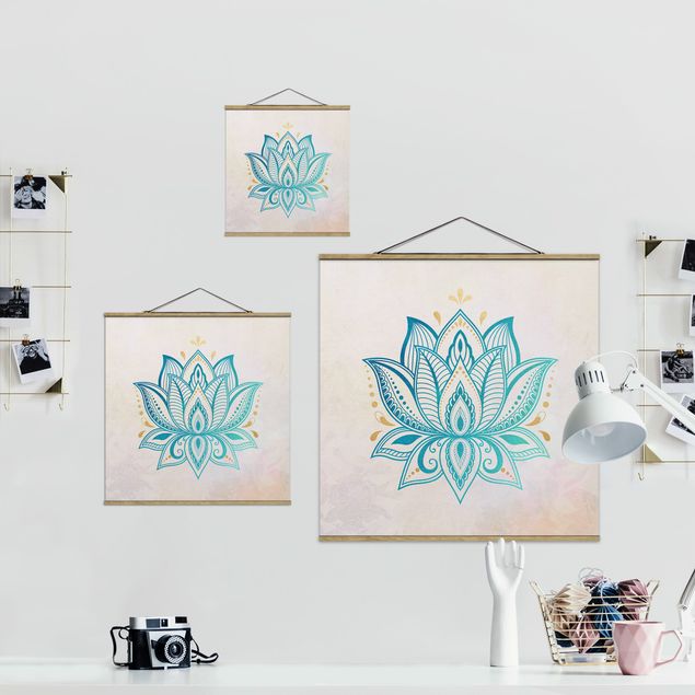 Fabric print with poster hangers - Lotus Illustration Mandala Gold Blue