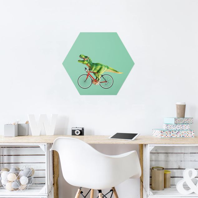 Alu-Dibond hexagon - Dinosaur With Bicycle