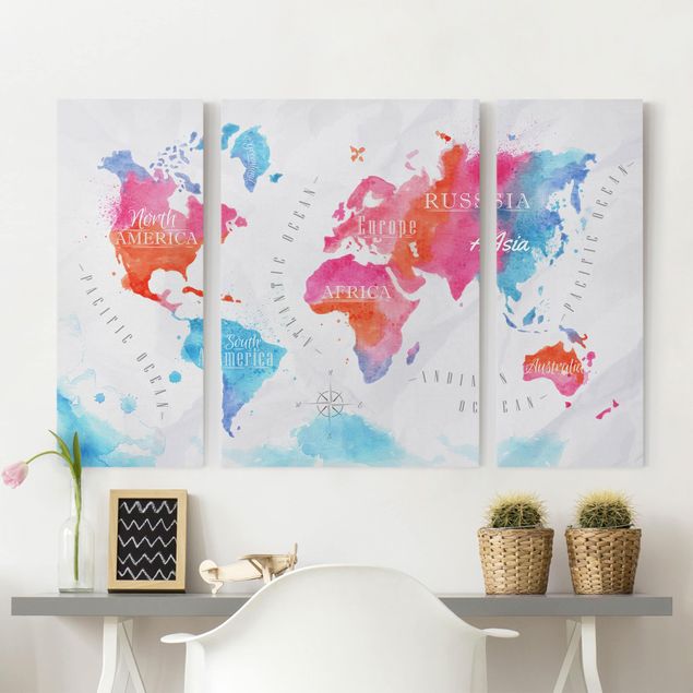 Print on canvas 3 parts - World Map Watercolour Red Blue