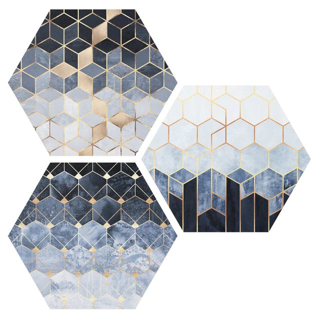 Alu-Dibond hexagon - Blue White Golden Hexagons Set