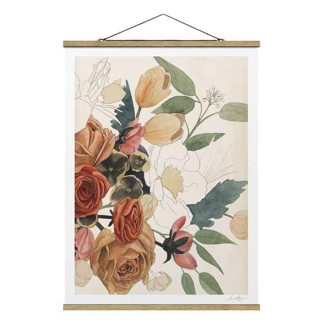 Fabric print with poster hangers - Drawing Flower Bouquet In Red And Sepia II