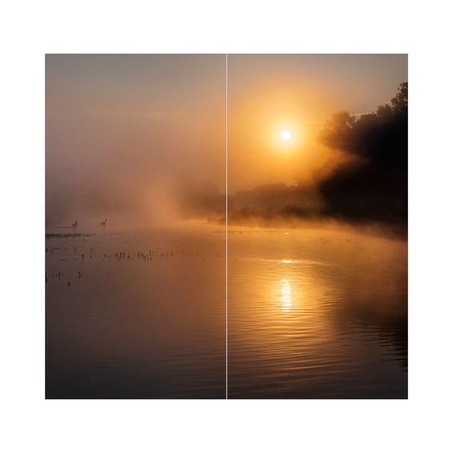 Shower wall cladding - Sunrise Over A Lake With Deer In Fog
