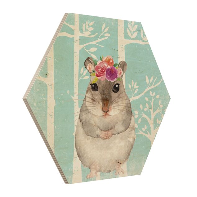 Hexagon Picture Wood - Watercolor Hamster Turquoise