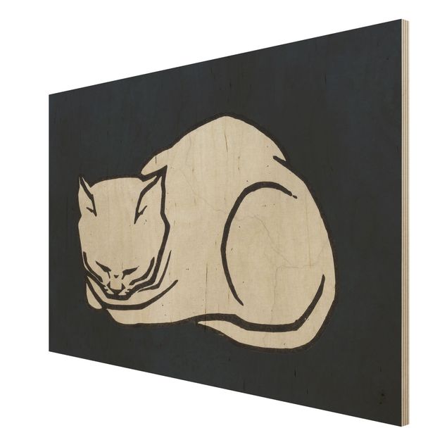Print on wood - Sleeping Cat Illustration