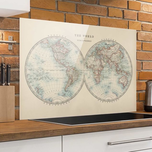 Glass splashback Vintage World Map The Two Hemispheres