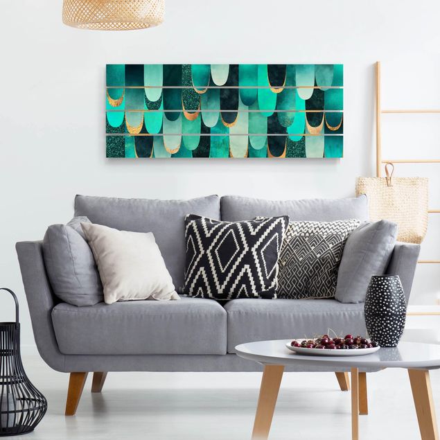 Print on wood - Feathers Gold Turquoise