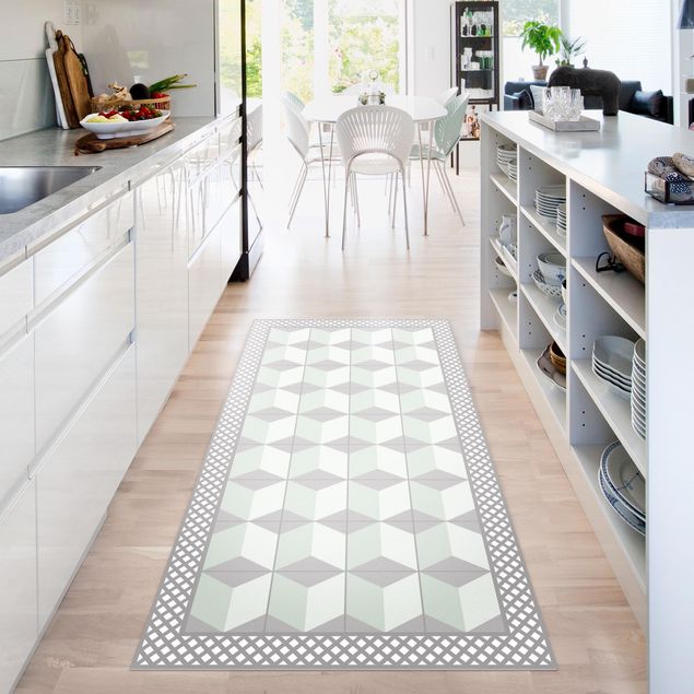 kitchen runner rugs Geometrical Tiles Illusion Of Stairs In Mint Green With Border