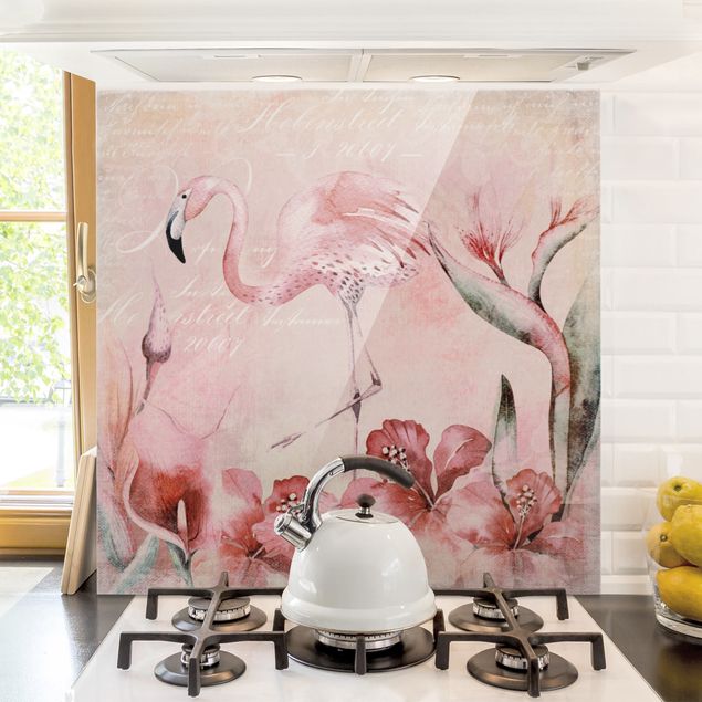 Glass splashback flower Shabby Chic Collage - Flamingo