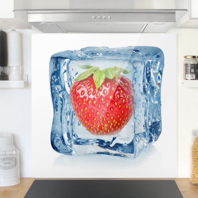 Glass splashback fruits and vegetables Strawberry in ice cube