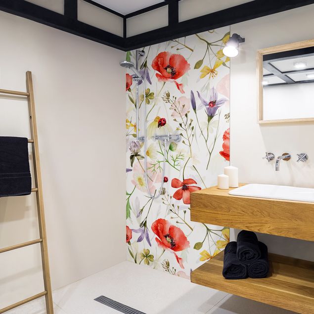 Shower wall cladding - Ladybird With Poppies In Watercolour