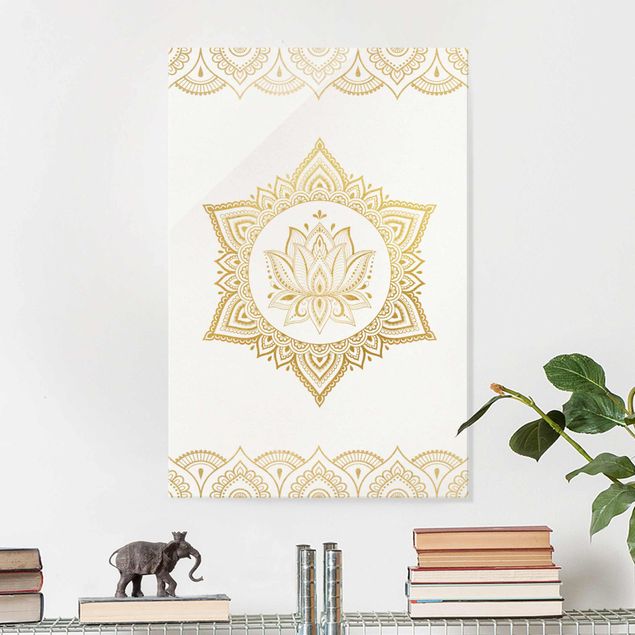 Glas Magnetboard Mandala Lotus Illustration Ornament White Gold