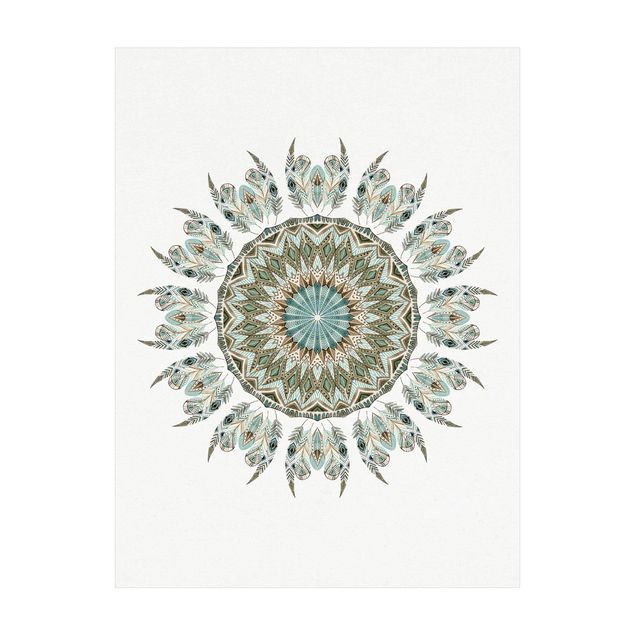 floral area rugs Mandala Watercolours Feathers Hand Painted Blue Green
