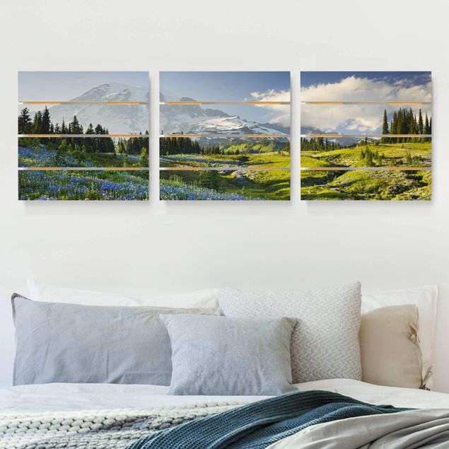 Print on wood - Mountain Meadow With Flowers In Front Of Mt. Rainier