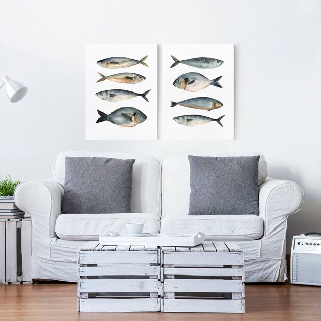 Print on canvas - Eight Fish In Watercolour Set I