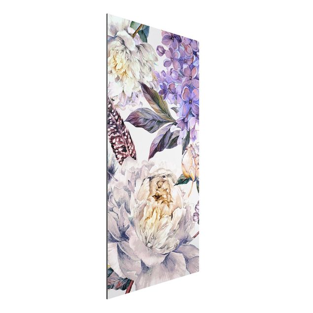 Dibond Delicate Watercolour Boho Flowers And Feathers Pattern