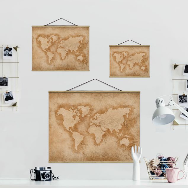Fabric print with poster hangers - Antique World Map