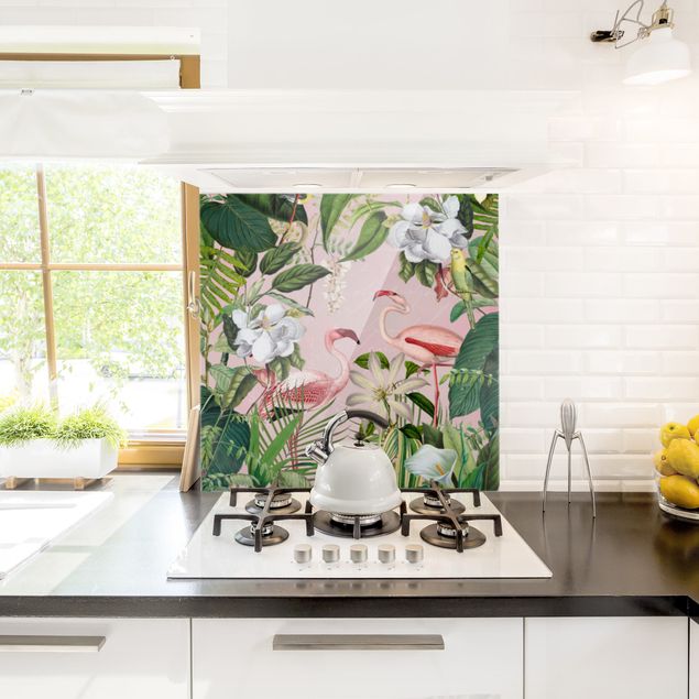 Glass splashback art print Tropical Flamingos With Plants In Pink
