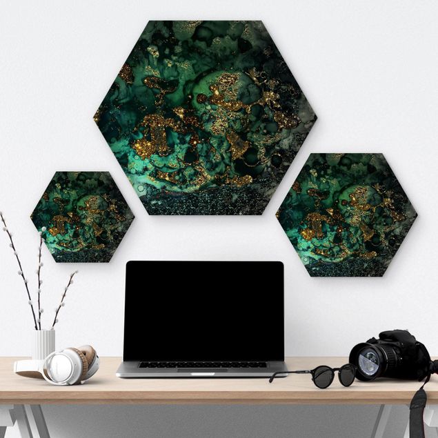 Hexagon Picture Wood - Golden Sea Islands Abstract