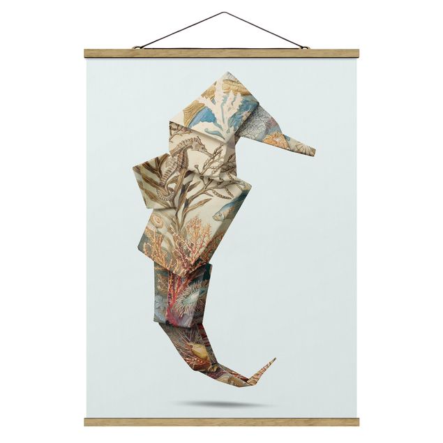 Fabric print with poster hangers - Origami Seahorse