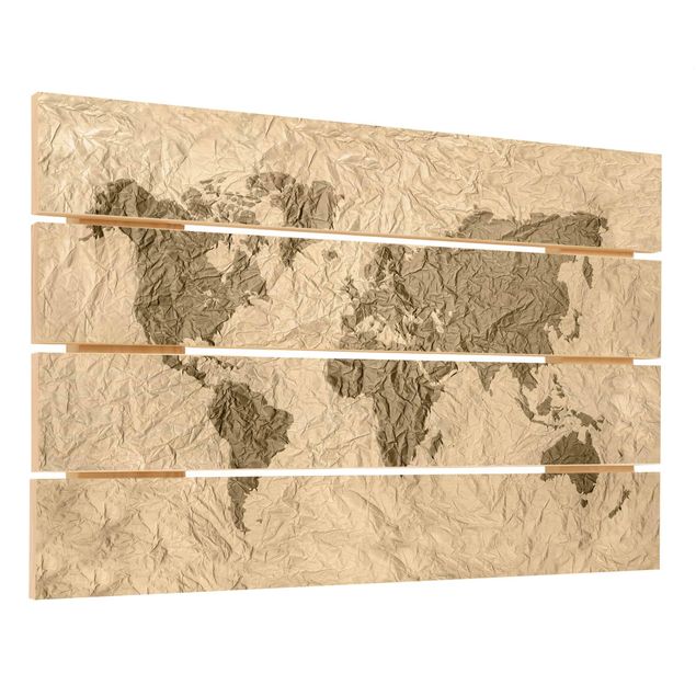 Print on wood - Paper World Map Beige Brown
