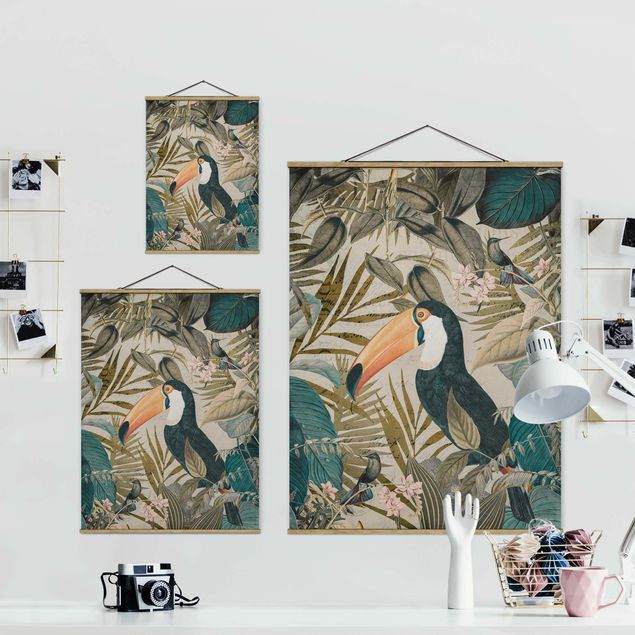 Fabric print with poster hangers - Vintage Collage - Toucan In The Jungle