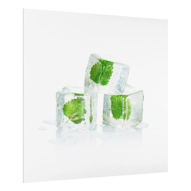 Glass Splashback - Three Ice Cubes With Lemon Balm - Square 1:1