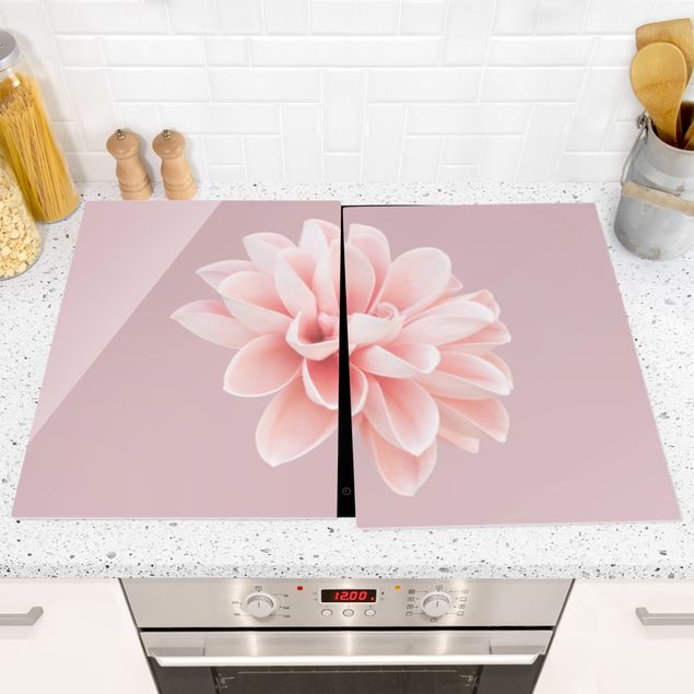 Glass stove top cover - Dahlia Flower Lavender Pink White