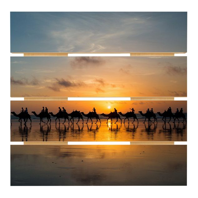 Print on wood - Camels in the sunset