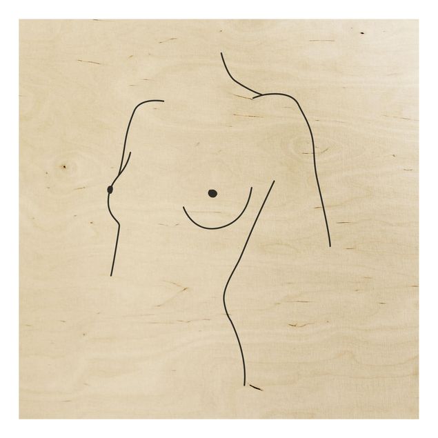 Print on wood - Line Art Nude Bust Woman Black And White
