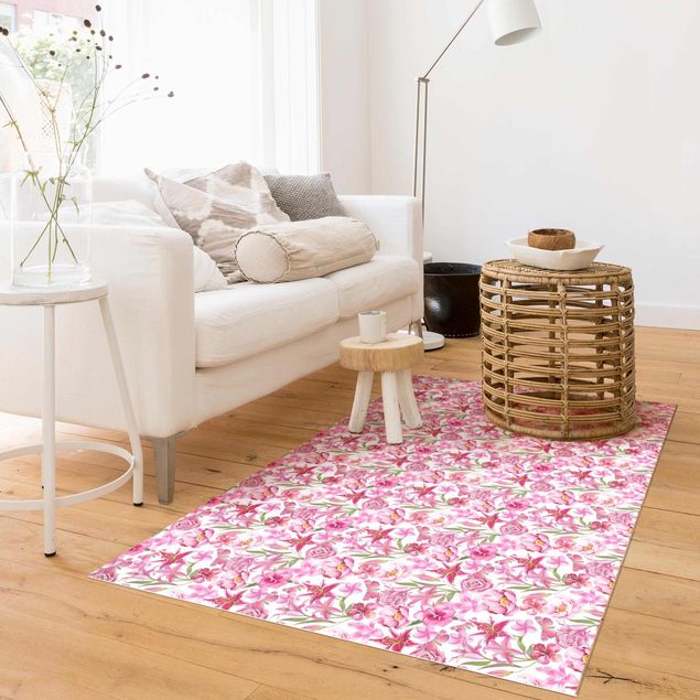 outdoor patio rugs Pink Flowers With Butterflies