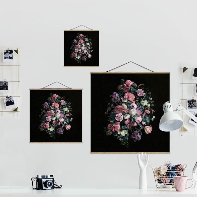 Fabric print with poster hangers - Jan Davidsz De Heem - Dark Flower Bouquet