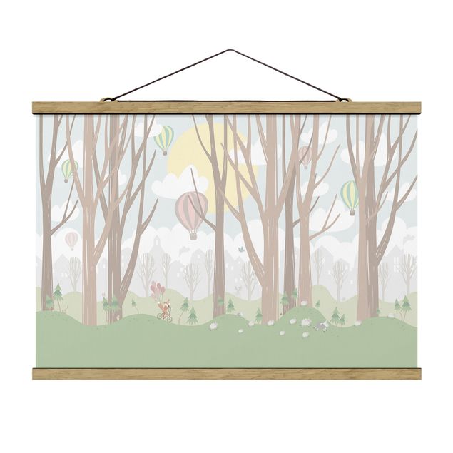 Fabric print with poster hangers - Sun With Trees And Hot Air Balloons