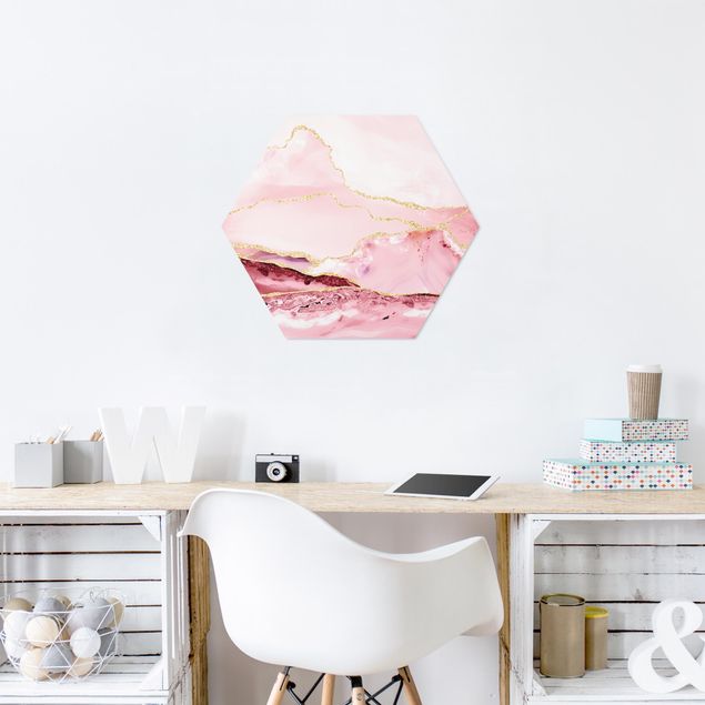 Hexagon Picture Forex - Abstract Mountains Pink With Golden Lines
