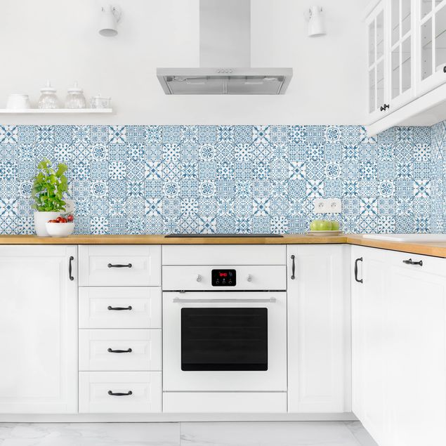 Kitchen splashback tiles Patterned Tiles Blue White