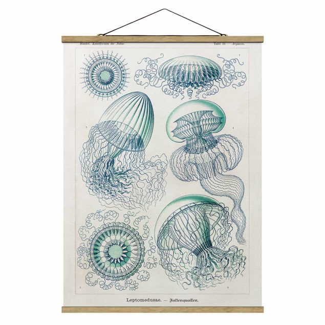 Fabric print with poster hangers - Vintage Board Jellyfish In Blue