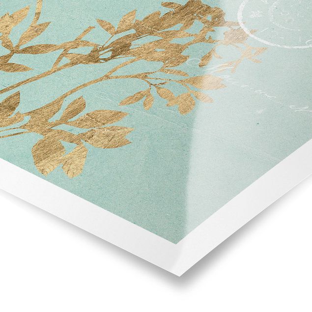 Poster - Golden Leaves On Turquoise I