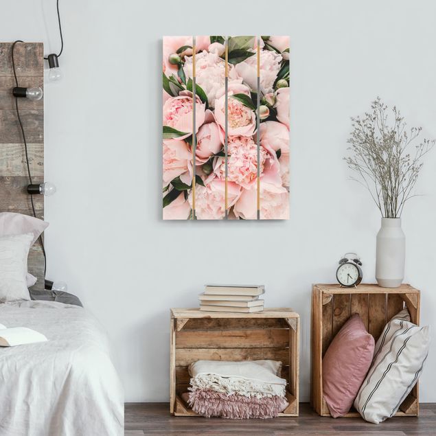 Print on wood - Pink Peonies With Leaves