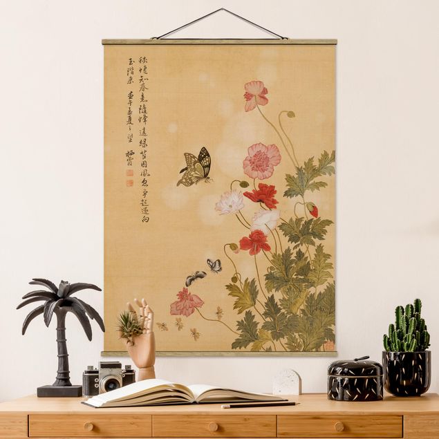 Fabric print with poster hangers - Yuanyu Ma - Poppy Flower And Butterfly
