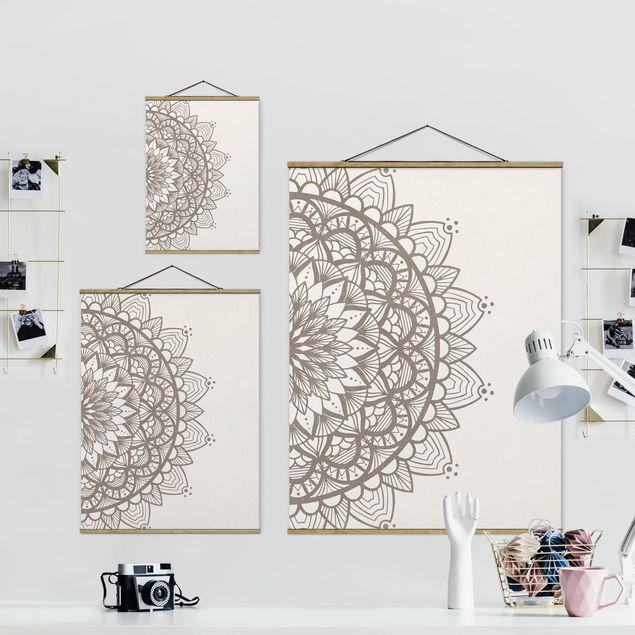 Fabric print with poster hangers - Mandala Illustration Shabby Beige White