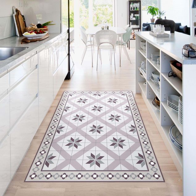 tile effect rug Geometrical Tiles Rhombal Flower Lilac With Border