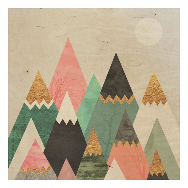 Print on wood - Triangular Mountains With Gold Tips