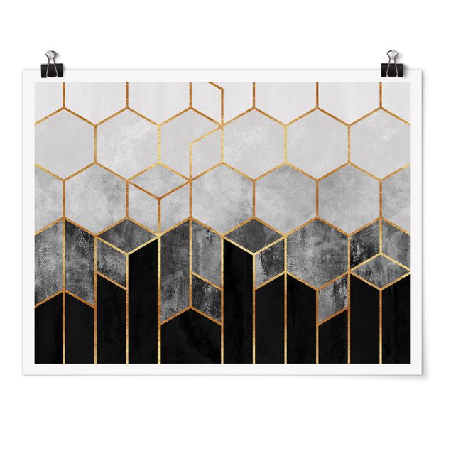 Poster - Golden Hexagons Black And White