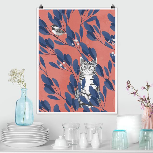 Poster - Illustration Cat And Bird On Branch Blue Red