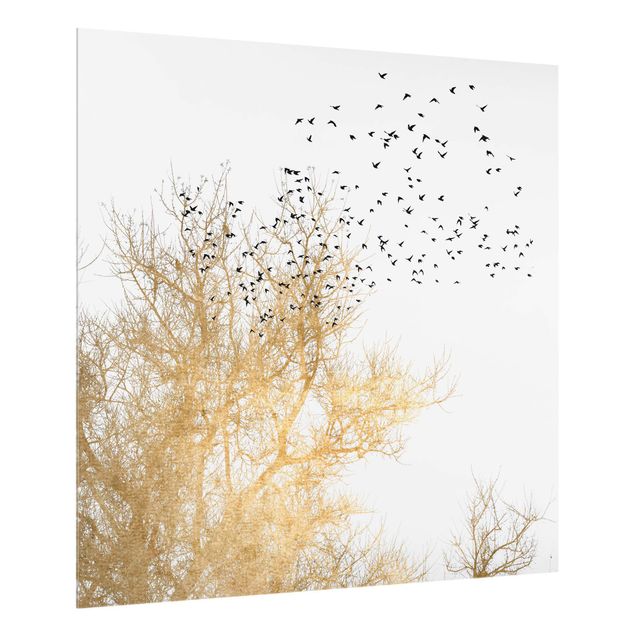 Glass splashback animals Flock Of Birds In Front Of Golden Tree