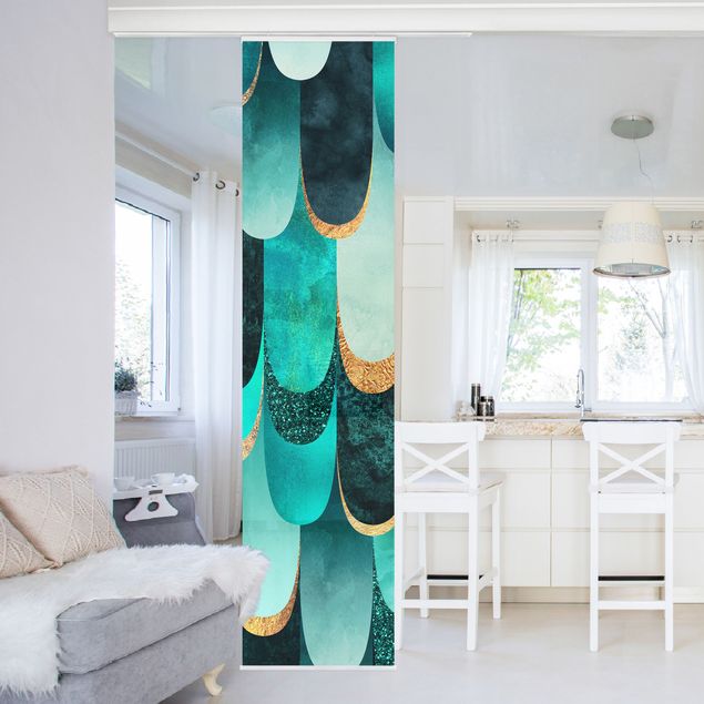 Sliding panel curtain - Feathers Gold Turquoise