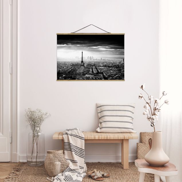 Fabric print with poster hangers - The Eiffel Tower From Above Black And White