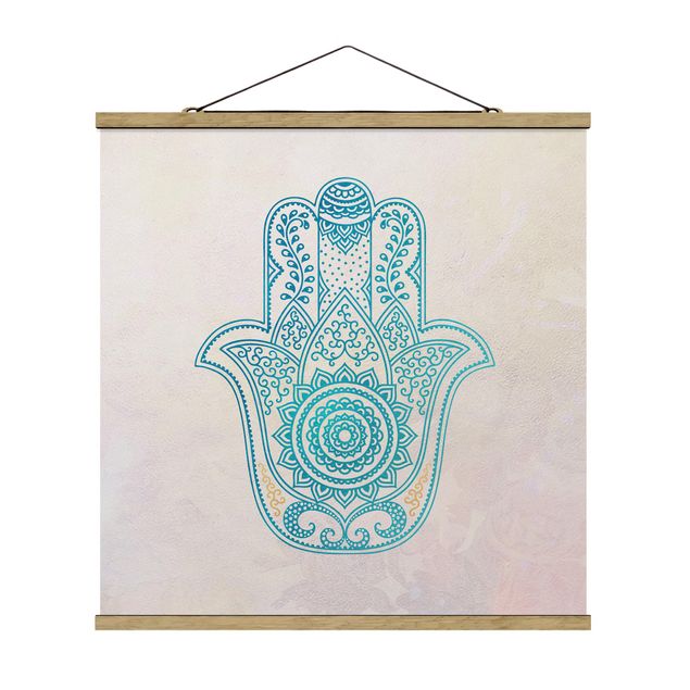 Fabric print with poster hangers - Hamsa Hand Illustration Mandala Gold Blue
